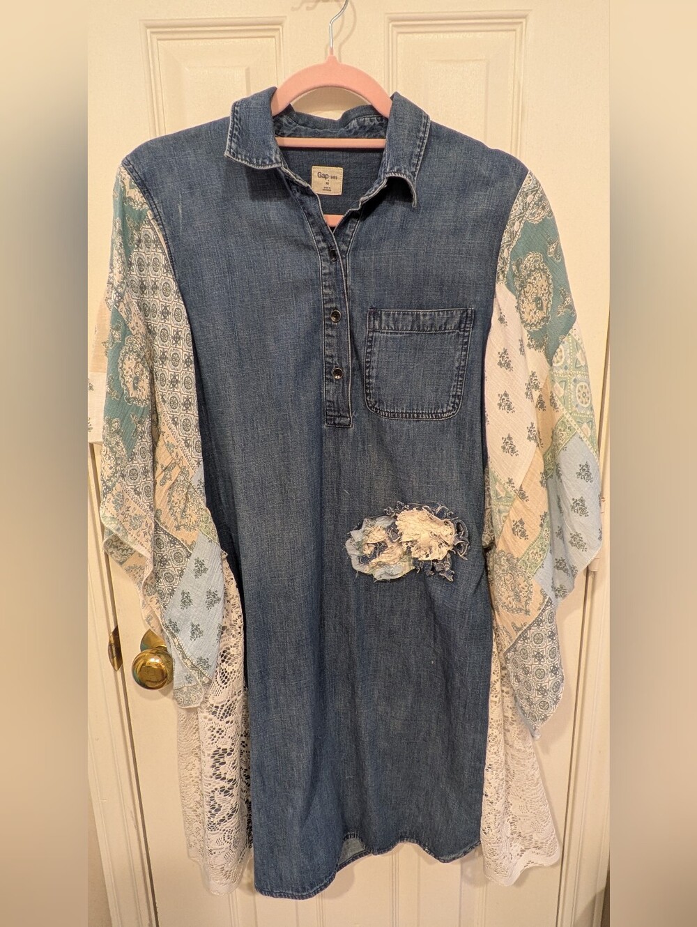 Upcycled Gap Denim Tunic Dress with Boho Printed Sleeves - Blue & Cream